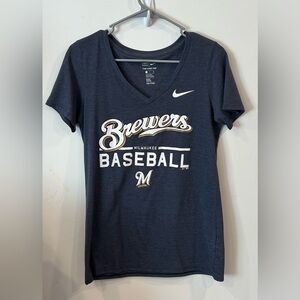 NEW-Nike Dri Fit Milwaukee Brewers MLB Baseball V Neck Blue Shirt -Womens Small